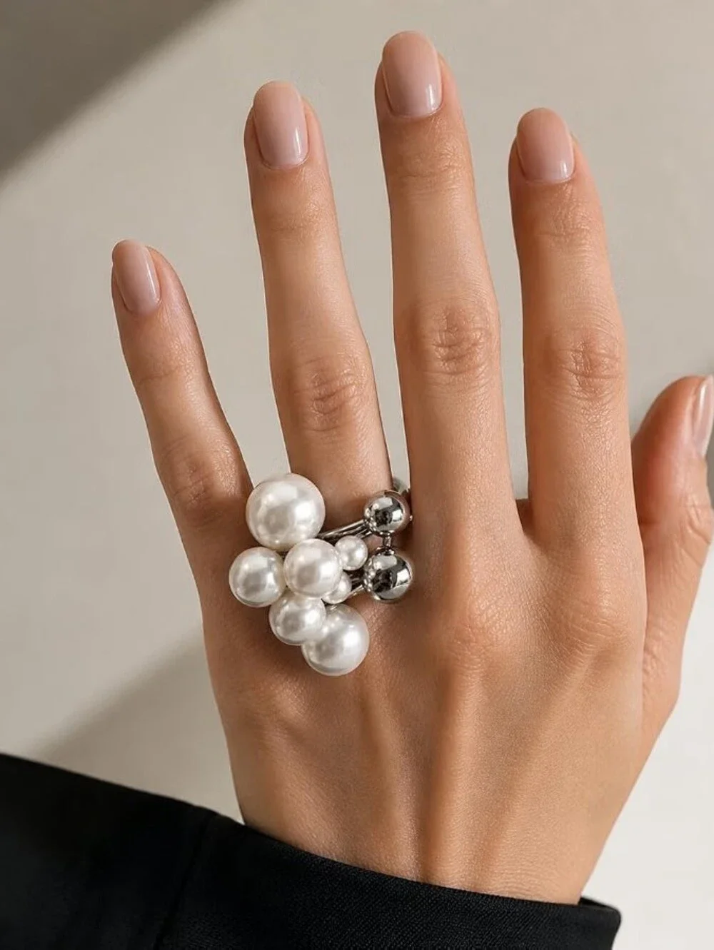 Pearl Cluster Statement Ring Adjustable Silver Tone Bubble Bead